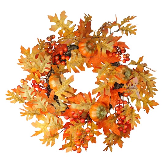 22&#x22; Autumn Harvest Fall Leaves, Pumpkins and Berries Wreath, Unlit